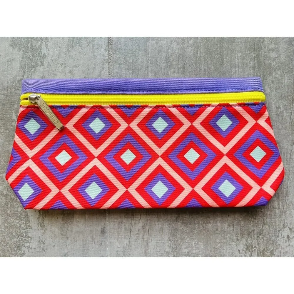 CLINIQUE Cosmetic Makeup Bag Purple Red Diamond Zipped Travel Organizer NEW